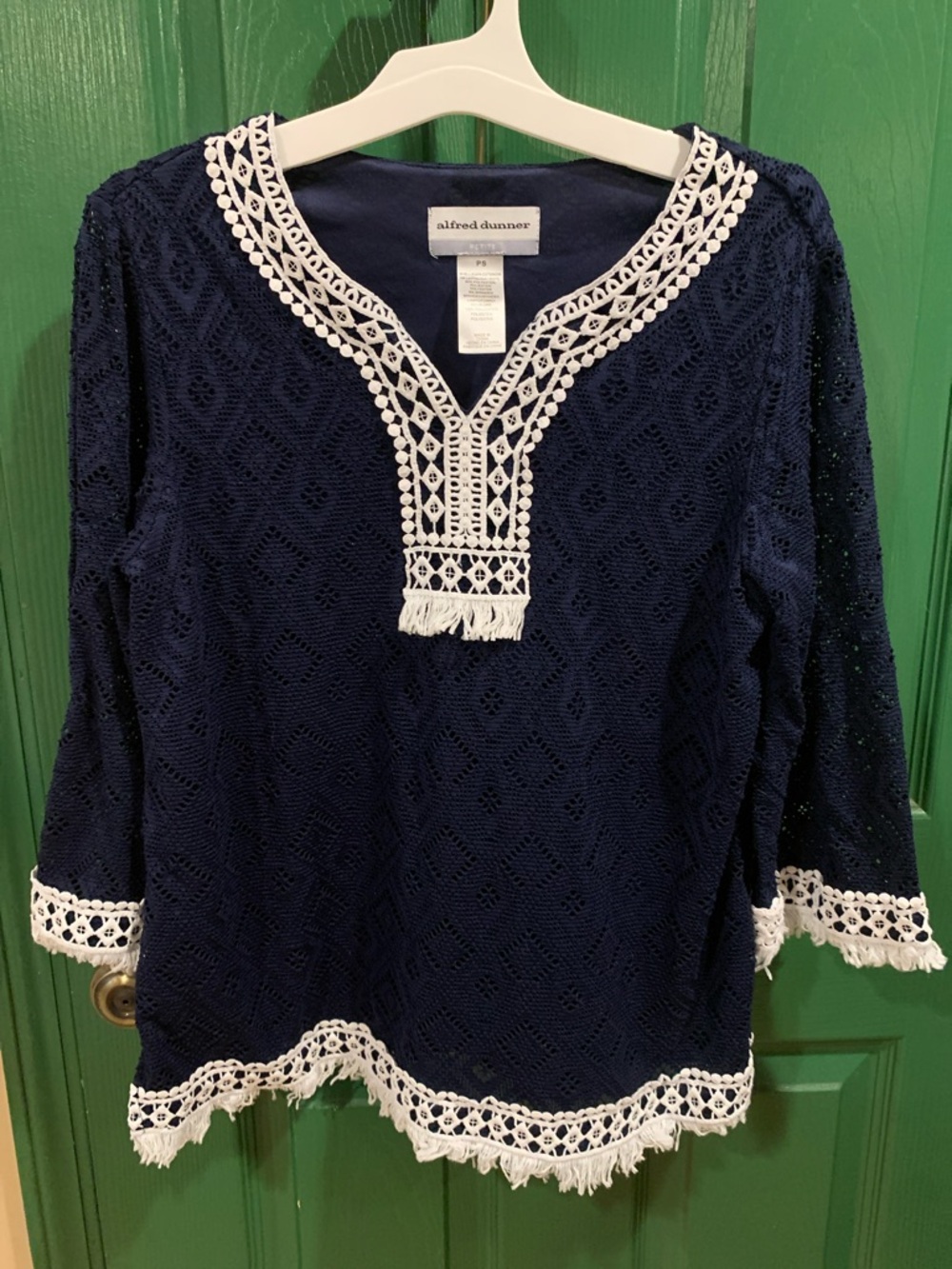 Alfred Dunner Navy Tunic with White Crochet Trim